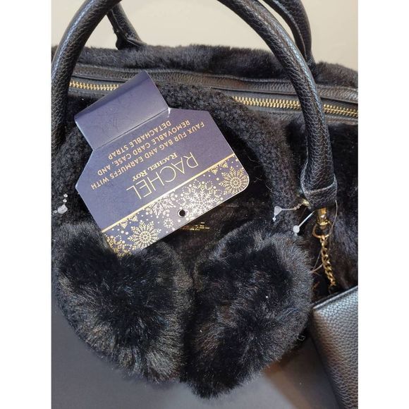 Rachel Roy Black Faux Fur Bag and Earmuffs with Removable Card Case and Strap - Picture 8 of 13